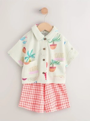 Pamuklu Pembe Müslin Çiçek Desenli Kısa Kollu Şortlu Alt Üst Takım