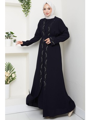 Kuşaklı Taş Detaylı Abaya Lacivert HM2803