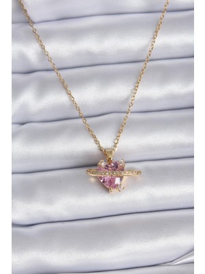 316L Çelik Gold Renk Zincir Pembe Kristal Kalp Model Zirkon Taş Detay Kadın Kolye  - PRT3500EB00638