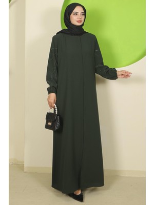 Kolları Taşlı Büyük Beden Ferace Haki HM2801