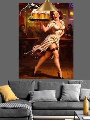 Bar Kadın Servis Dekoratif Kanvas - Mdf Ahşap Tablo