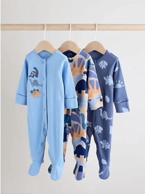 % 100 Pamuklu Mavi Lacivert Dinozor Desenli 3'lü Tulum Set