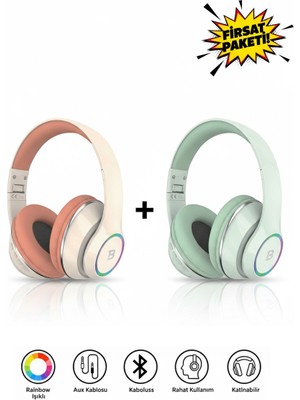 Kablosuz Kulaküstü Pembe-Yeşil Bluetooth Kulaklık Stereo-Mikrofon-Aux Sd Kart HK-035