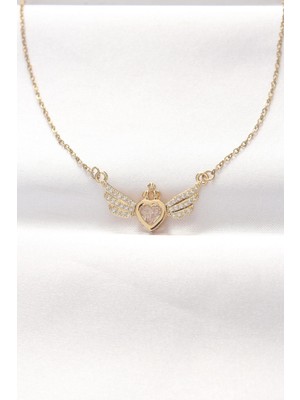 316L Çelik Gold Renk Zirkon Taşlı Kalpli Kanat Kolye  - PRT3500EB01273