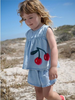 Pamuklu Denim Kiraz Aplikeli Kısa Kollu Alt Üst Takım