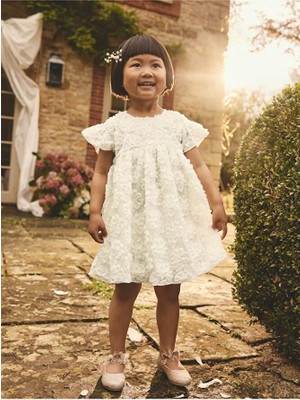 Fildişi Kısa Kollu Üç Boyutlu Desenli Elbise