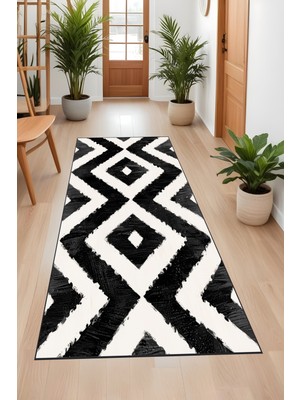 Bohem Siyah Halı - Dijital Yıkanabilir Kaymaz Taban Leke Tutmaz Salon Halısı Mutfak Halısı ve Yolluk