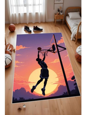 Dijital Baskı Gün Batımı Basketbol Temalı Makinada Yıkanabilir Genç Odası Salon ve Yolluk Halısı