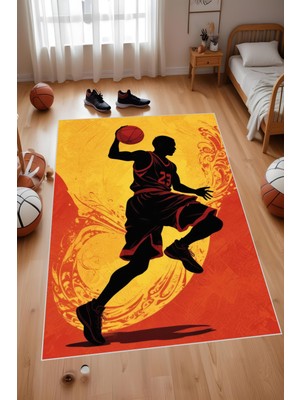 Dijital Baskı Sarı Kırmızı Basketbol Silüetli Makinada Yıkanabilir Genç Odası Salon ve Yolluk Halısı
