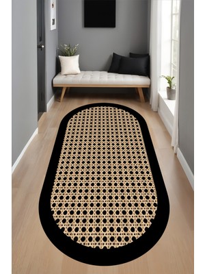 Dijital Baskı Hasır Görünümlü Siyah Çerçeveli Oval Makinada Yıkanabilir Salon Mutfak Yolluk Halısı