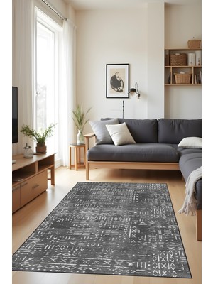 Dijital Baskı Kaymaz Taban Iskandinav Etnik Desen Koyu Gri Renk Salon Halısı Yolluk