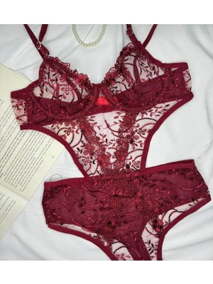 Bordo Dantel Iç Çamaşır Takımı Bodysuit