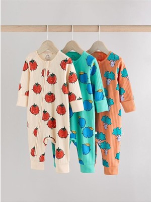 % 100 Pamuklu Krem Turuncu Sebze Desenli 3'lü Tulum Set