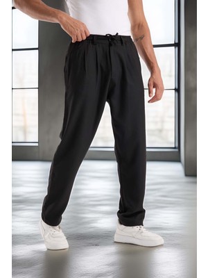 Bezayağı Kumaş Relax Fit Duble Paça Jogger Pantolon - Siyah