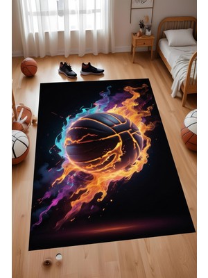Dijital Baskı Neon Renk Alevli Basketbol Desenli Makinada Yıkanabilir Genç Odası ve Salon Halısı