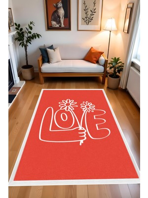 Dijital Baskı Love Temalı Kırmızı Kaymaz Taban Leke Tutmaz Makinada Yıkanabilir Salon Halısı