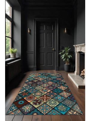 Makinede Yıkanabilir Renkli Patchwork Desen Kaymaz Taban Leke Tutmaz Salon Halısı ve Yolluk