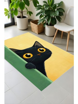 Makinede Yıkanabilir Kedi Desenli Kaymaz Taban Leke Tutmaz Çocuk Halısı Salon Halısı ve Yolluk