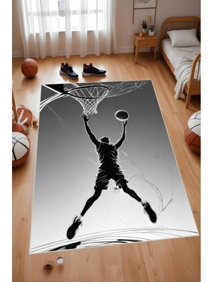Dijital Baskı Siyah Beyaz Basketbol Temalı Makinada Yıkanabilir Genç Odası Salon ve Yolluk Halısı
