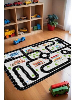 Liriya Yollu Oyun Halısı Modern Desenli Makinede Yıkanabilir Polipropilen Kaymaz Taban Çocuk Odası Halısı