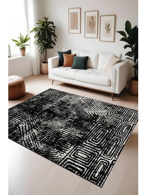 Bohem Siyah Halı - Dijital Yıkanabilir Kaymaz Taban Leke Tutmaz Salon Halısı Mutfak Halısı ve Yolluk