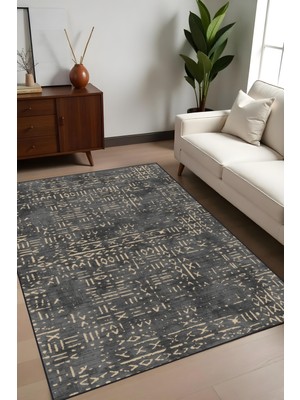 Dijital Baskı Kaymaz Taban Iskandinav Etnik Desen Antrasit Renk Salon Halısı Yolluk