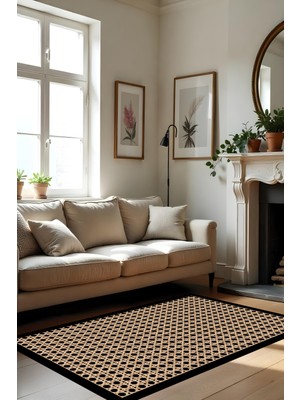 Dijital Baskı Hasır Görünümlü Siyah Çerçeveli Yıkanabilir Salon Halısı Mutfak Halısı Yolluk Halısı