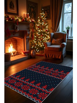 Yılbaşı Temalı Yeni Yıl Halısı Noel Halısı Christmas Parti Halısı Dijital Baskı Makinada Yıkanabilir