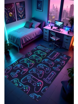 Dijital Baskı Oyun Odası Gamer Halısı Makinede Yıkanabilir Anti Bakteriyel Leke Tutmaz Kaymaz Taban