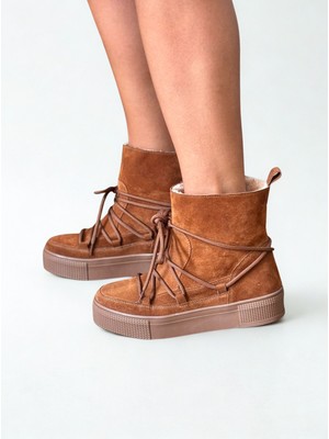 Taba Süet Hakiki Deri Içi Peluş Astarlı Kadın Bağcıklı Bot