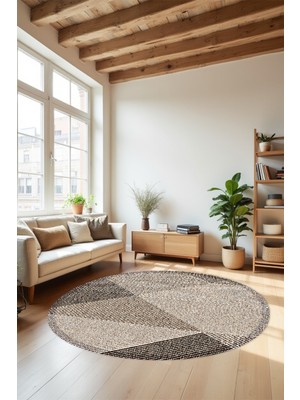 Dijital Baskı Kahve Renk Tonlu Üçgen Piramit Desen Makinada Yıkanabilir Yuvarlak Salon Antre Halısı