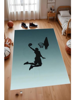 Dijital Baskı Turkuaz Beyaz Basketbol Temalı Makinada Yıkanabilir Genç Odası Salon ve Yolluk Halısı