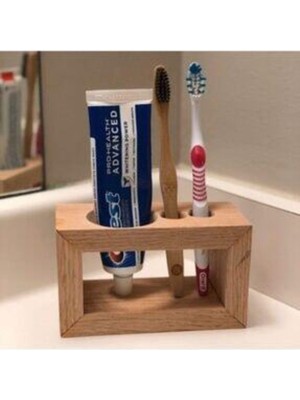 Doğal Ahşap Diş Fırçalık ve Macunluk Organizer, Banyo Rafı, Bej Renk