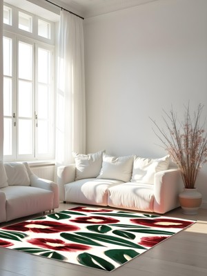 Makinede Yıkanabilir Renkli Çiçek Desen Kaymaz Taban Leke Tutmaz Salon Halısı ve Yolluk