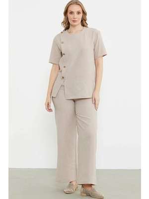 Sementa Düğme Detaylı Keten Görünümlü Rahat Takım - Taş