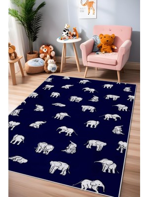 Makinede Yıkanabilir Fil Figürlü Kaymaz Taban Leke Tutmaz Salon Halısı Çocuk Halısı ve Kesme Yolluk