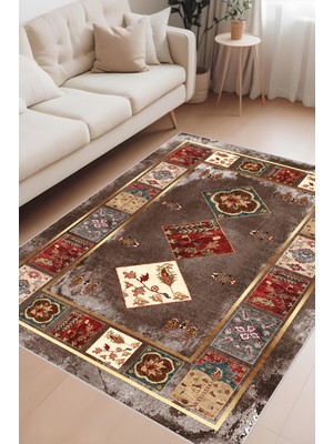 Dijital Baskı Klasik Desenli Kilim Görünümlü Dekoratif Makinada Yıkanabilir Salon ve Yolluk Halısı