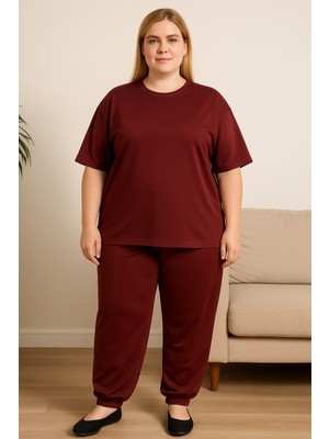 Kadın Büyük Beden Kısa Kollu Pijama Takımı Bordo