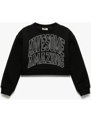 Şardonlu Uzun Kollu Bisiklet Yaka Taş Detaylı Sweatshirt