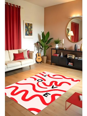 Dijital Baskı Kırmızı Şeritli Love Kaymaz Taban Leke Tutmaz Makinada Yıkanabilir Salon Halısı