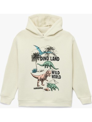 Koton Dinozor Baskılı Uzun Kollu Kapşonlu Sweatshirt Erkek Çocuklar İçin Cepsiz Tasarım