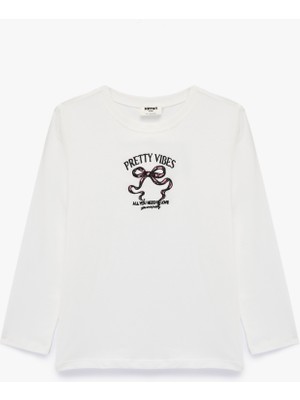 Pamuklu Uzun Kollu Bisiklet Yaka Nakış Detaylı Tişört