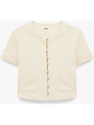 Fırfır Detaylı Kısa Kollu Bisiklet Yaka Triko Hırka