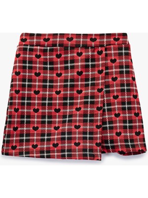 Ekose Desenli Kalp Baskılı Şort Etek