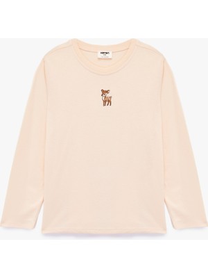 Uzun Kollu Bisiklet Yaka Nakışlı Pamuklu Tişört