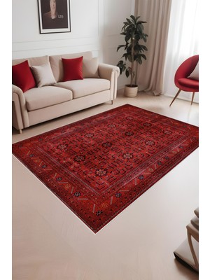 Dijital Baskı Klasik Desenli Kırmızı Çerçeveli Dekoratif Makinada Yıkanabilir Salon ve Yolluk Halısı