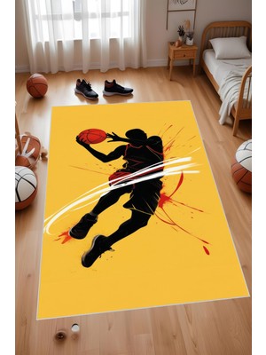 Dijital Baskı Sarı Siyah Basketbolcu Silüetli Makinada Yıkanabilir Genç Odası Salon ve Yolluk Halısı