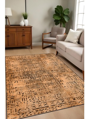 Dijital Baskı Kaymaz Taban Iskandinav Etnik Desen Hardal Renk Salon Halısı Yolluk