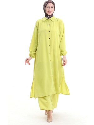 Düğmeli Uzun Tunik Pantolon Ikili Takım 0089-05 Neon Yeşili