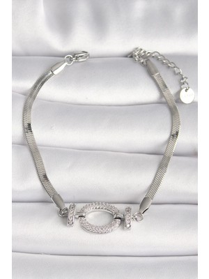 316L Çelik Gümüş Renk Italyan Zincir Model Zirkon Taşlı Halka Figür Kadın Bileklik  - PRT3500EB03931